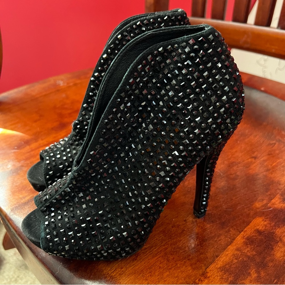 Lady Couture, Black Embellished Peep Toe Ankle Bootie, Size 7.